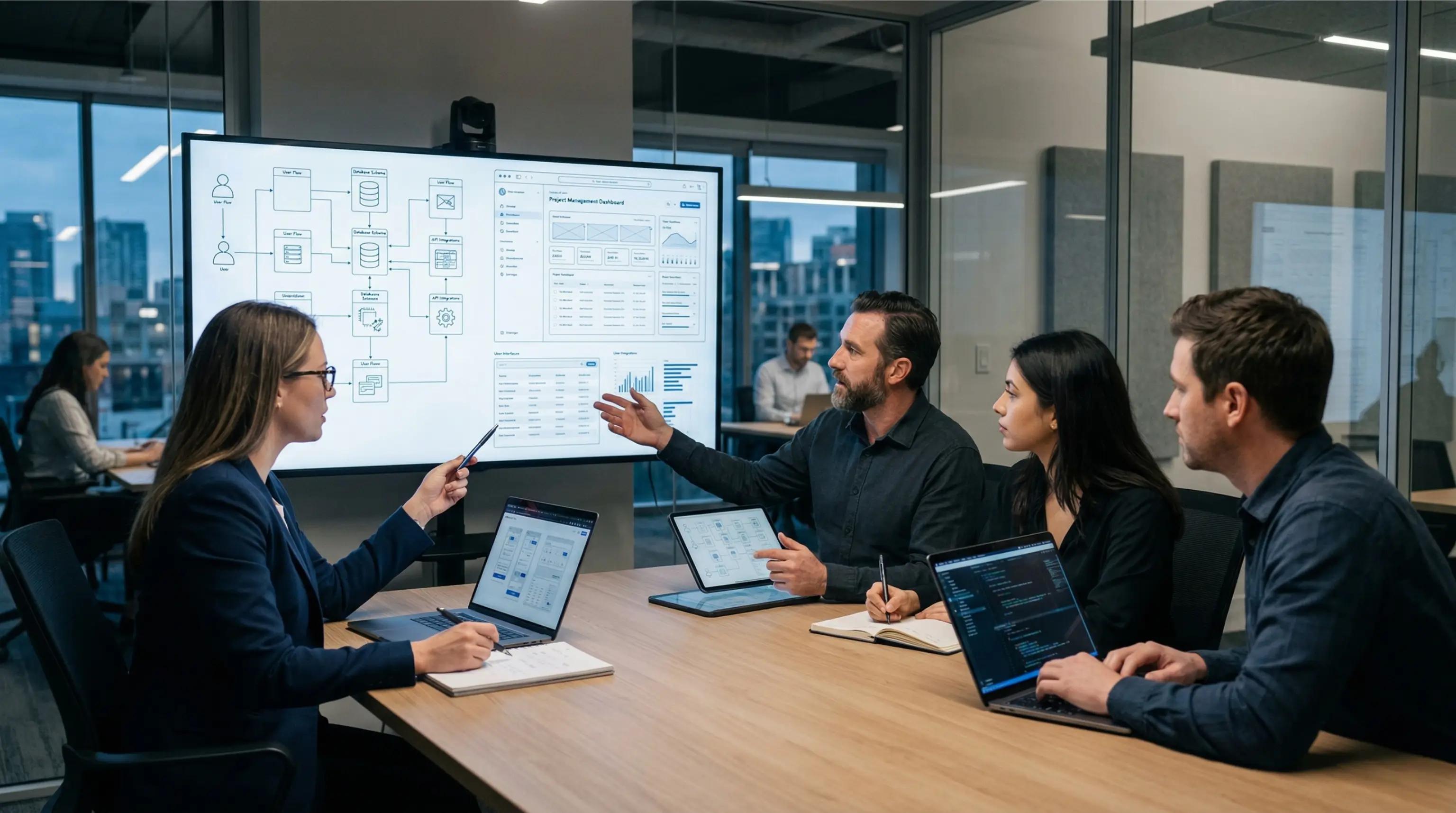 Equipe analisando projeto de desenvolvimento web sob medida em tela grande