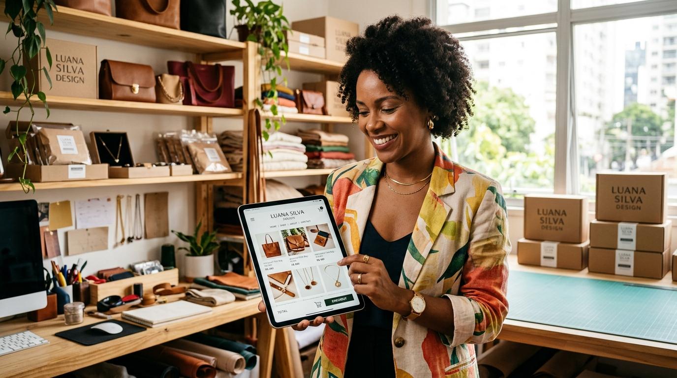 Lojista acompanhando pedidos e loja virtual moderna em tablet na sua loja