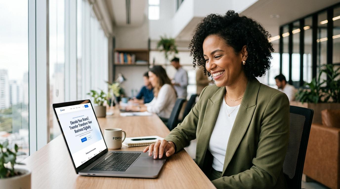 Empreendedora interagindo com landing page de alta conversão em notebook moderno