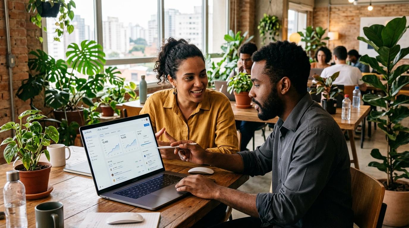 Fundadores de startup colaborando em aplicação SaaS e métricas de produto em ambiente moderno