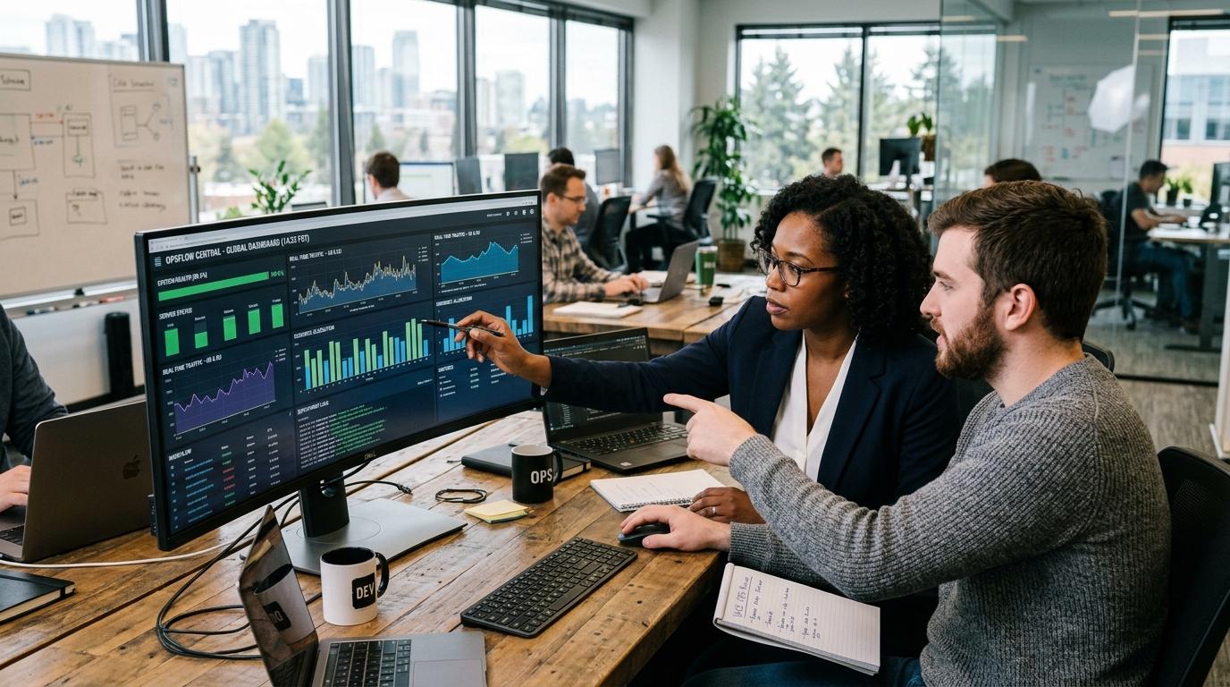 Gestores e especialistas operando sistema web sob medida e dashboard em monitor amplo